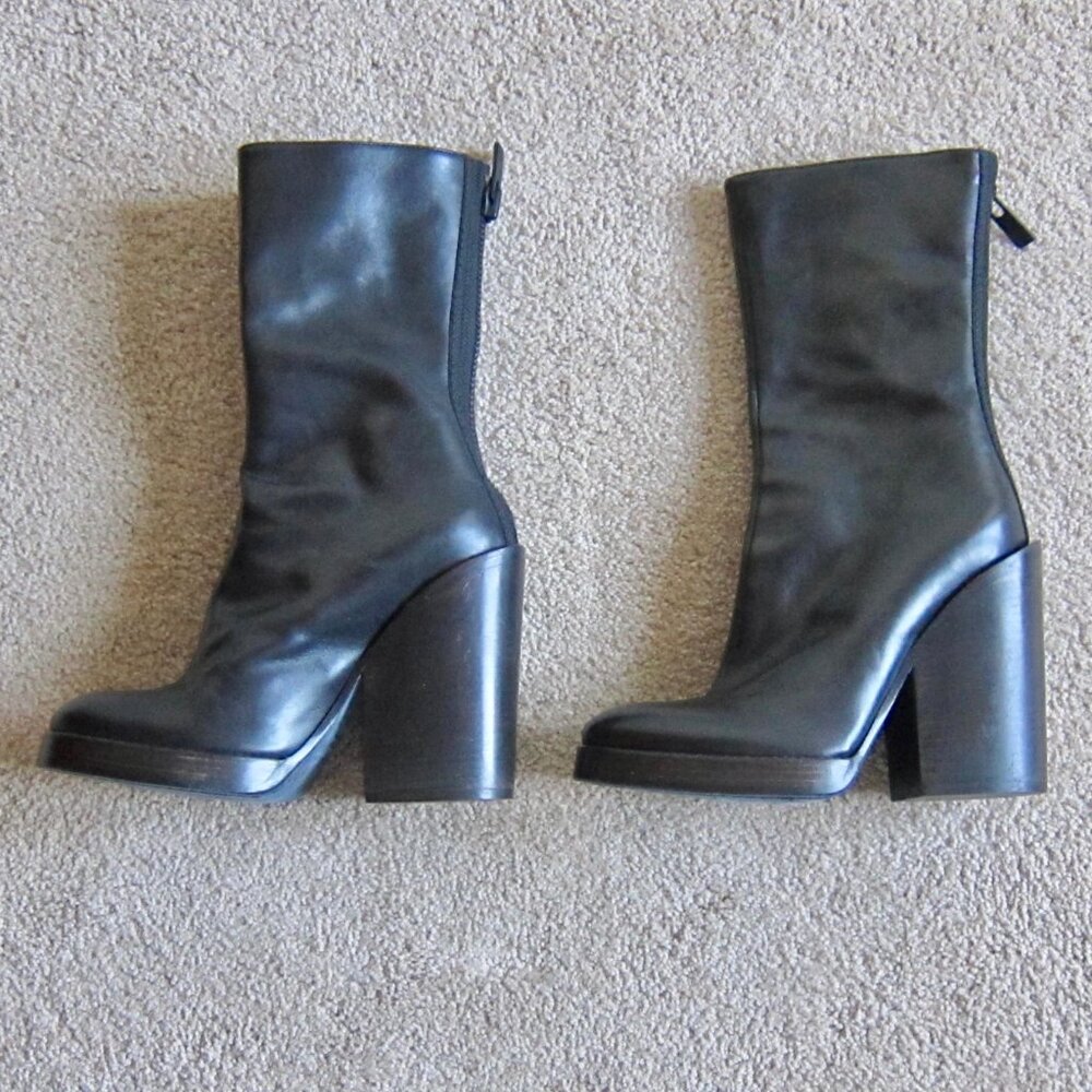 HAIDER ACKERMANN Black Mid Calf Leather Chunky Block Heel Grunge Boots $530 - Picture 10 of 10